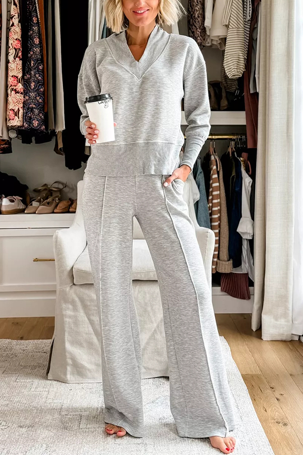 Weather Gets Cold Solid Color V-neck Top and Elastic Waist Pocketed Lounge Pants Set-consonak