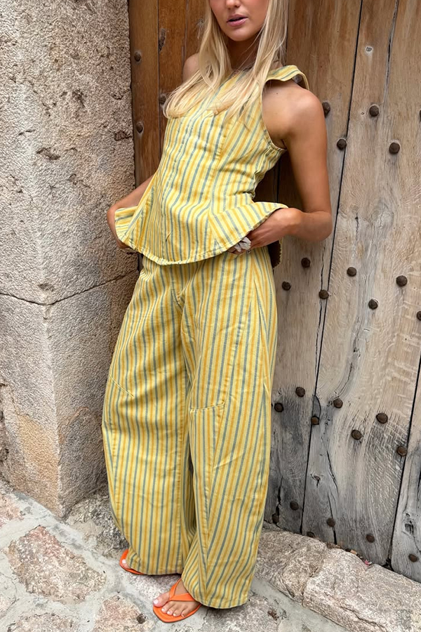 City Outfit Striped Peplum Hem Top and Elastic Waist Pocket Wide Leg Pants Set | Consonak
