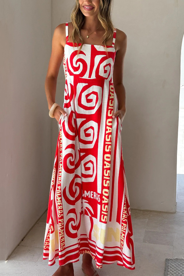 Unique Printed Sleeveless Square Neck Casual Pocket Vacation Maxi Dress