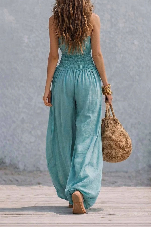 Flowy Smocked Waist Wide-Leg Palazzo Romper-Consonak