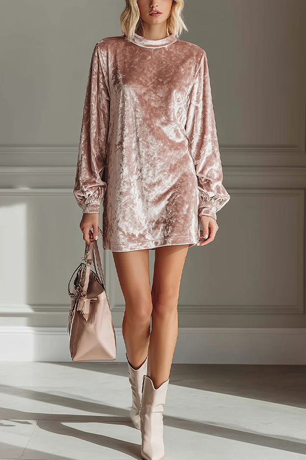 Solid Color Velvet Round Neck Long Sleeve Loose Mini Dress-consonak