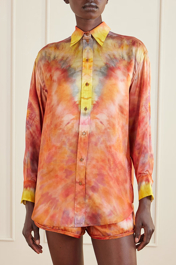 Vibrant Vacation Satin Tie-Dye Print Button Long Sleeve Shirt and Elastic Waist Pocket Shorts Set-consonak