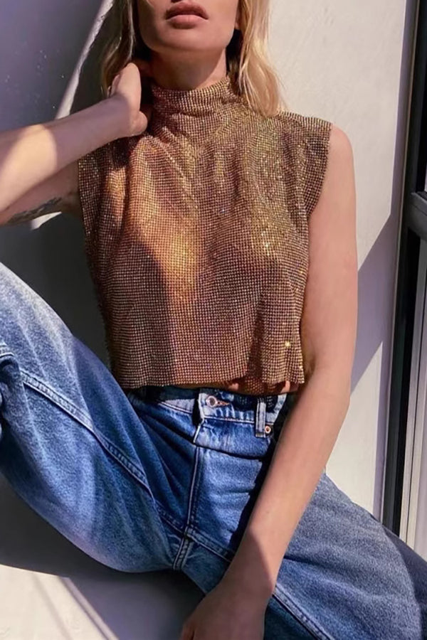 Sexy High-neck Rhinestone Metallic Top-consonak