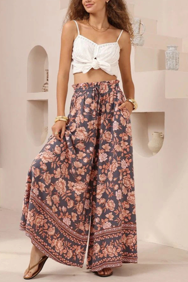 Floral Print Casual Elastic Waist Pocket Loose Wide-leg Pants-consonak