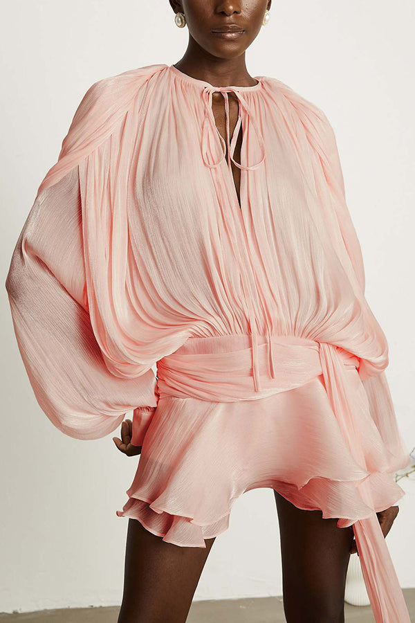 Solid Color Long-sleeved Belted Asymmetrical Mini Dress and Elastic Waist Casual Shorts Set-consonak