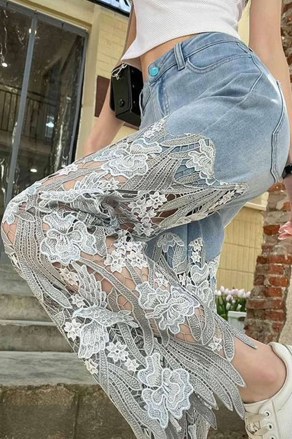 Elegant Lace Openwork Casual Pocket Straight Leg Jeans | Consonak