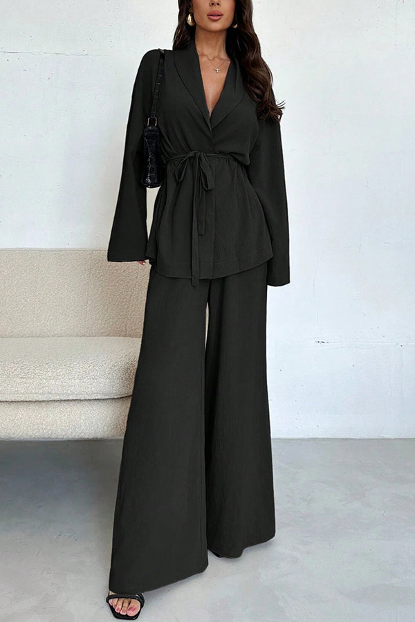 Solid Color Collared Long-sleeved Tie-waist Loose Top and Elastic Waist Casual Wide-leg Pants Set-consonak