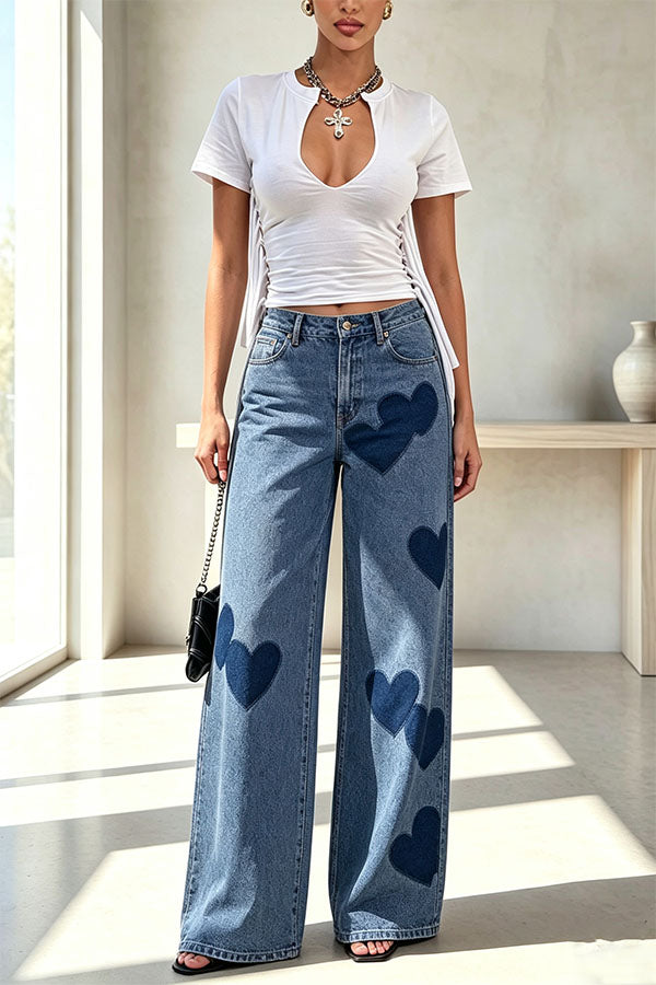 Retro Casual Denim Heart Print High Rise Pocket Wide Leg Jeans-Consonak