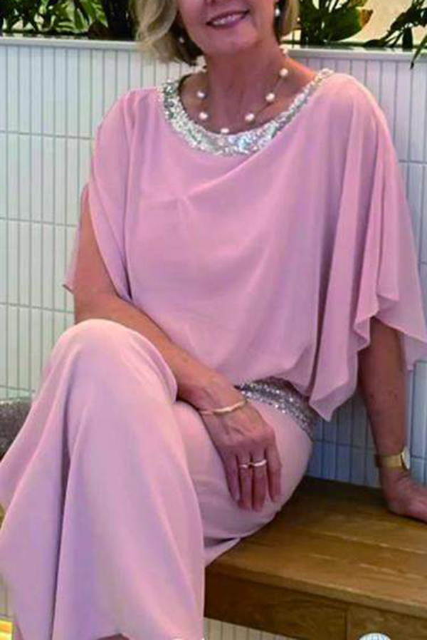 Stylish Sequin Patchwork Dolman Sleeve Top and Elastic Waist Wide Leg Pants Set-consonak