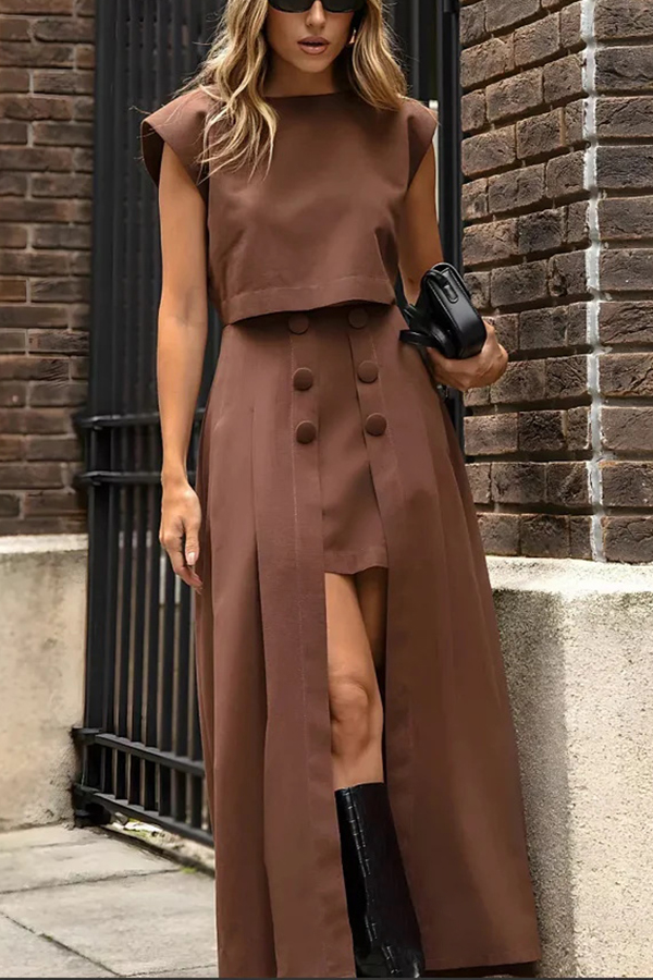 Solid Color Crew Neck Crop Top and High Waist Irregular Maxi Skirt Set-consonak