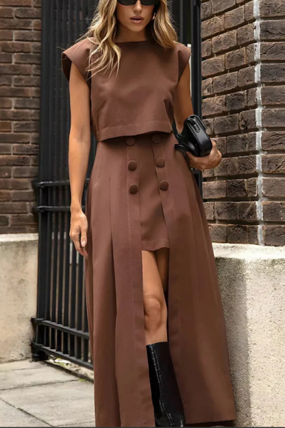 Solid Color Crew Neck Crop Top and High Waist Irregular Maxi Skirt Set-consonak