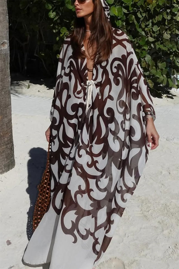 Summer Day Unique Print Rope Knotted Batwing Sleeve Oversized Cover-up Dress-consonak