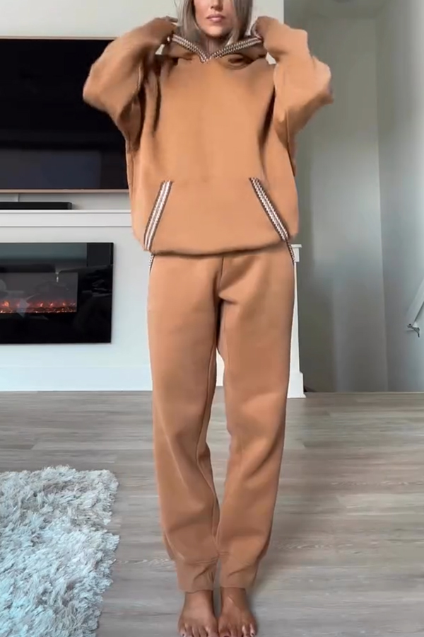Tasman Braid Trim Kangaroo Pocket Hooded Sweatshirt and Elastic Waist Jogger Pants Set-consonak