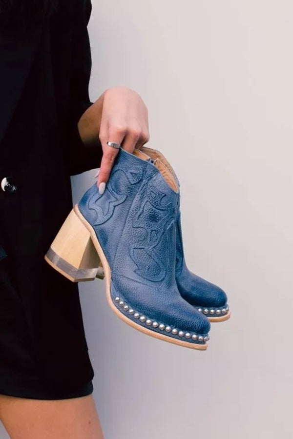 Stylish Embroidered Rivet Welt Acrylic Crystal High Heel Boots | Consonak