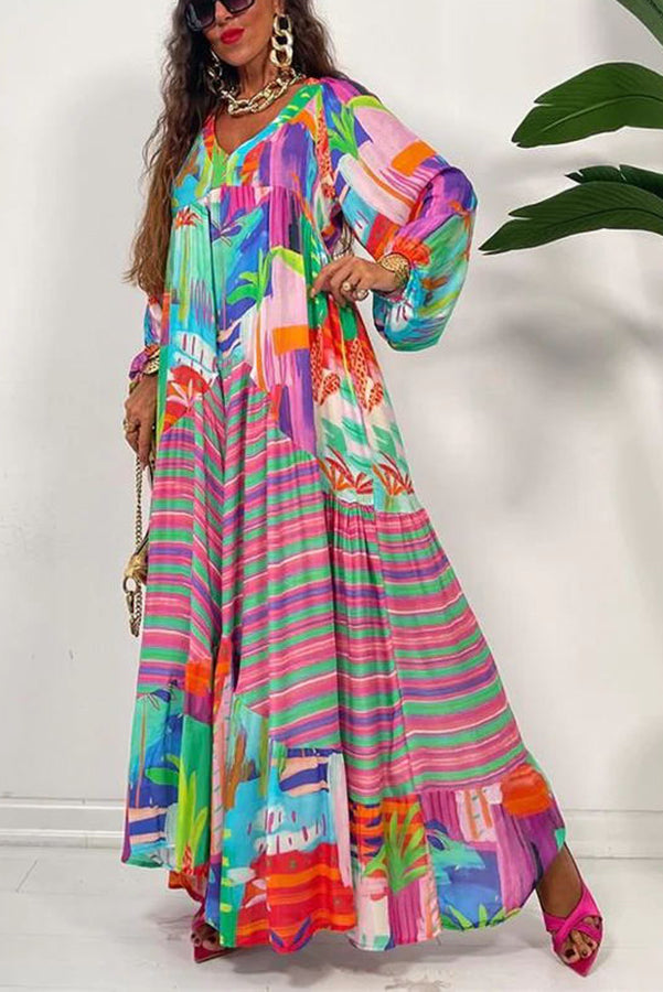 Bloom with A View Colorful Geometric Swing Maxi Dress-consonak