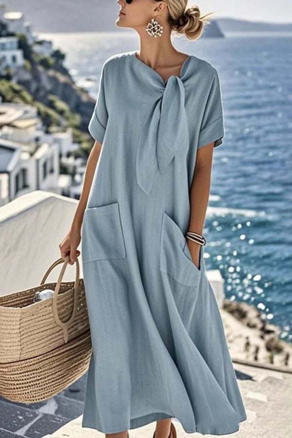 Solid Color Casual Short-sleeved Tie Round Neck Loose Pocket Mid-length Dress-consonak