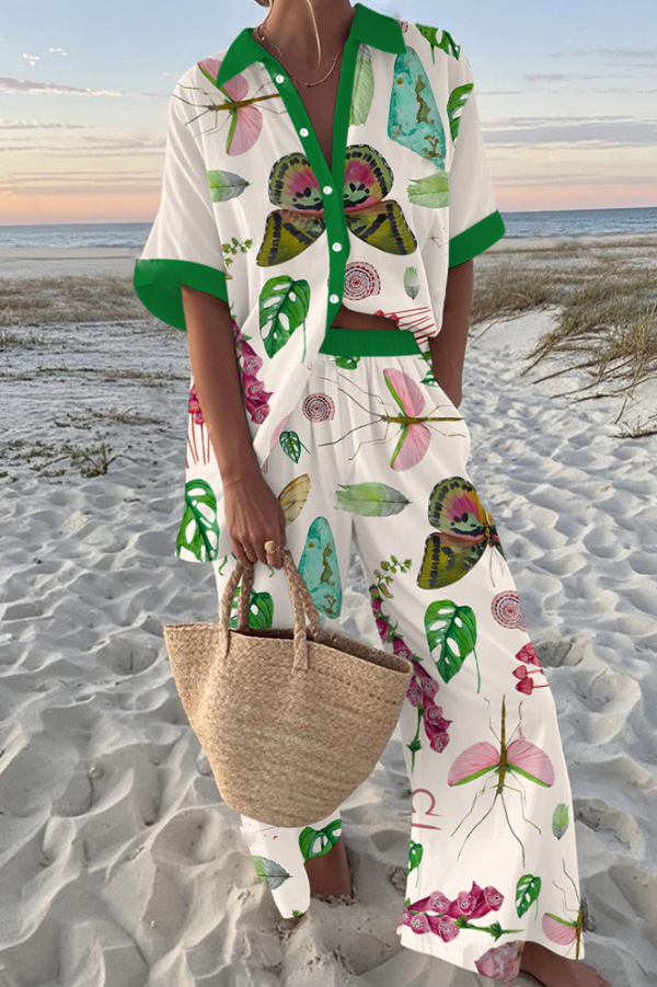Butterfly Print Oversized Shirt and Elastic Waist Pocket Pants Set-consonak