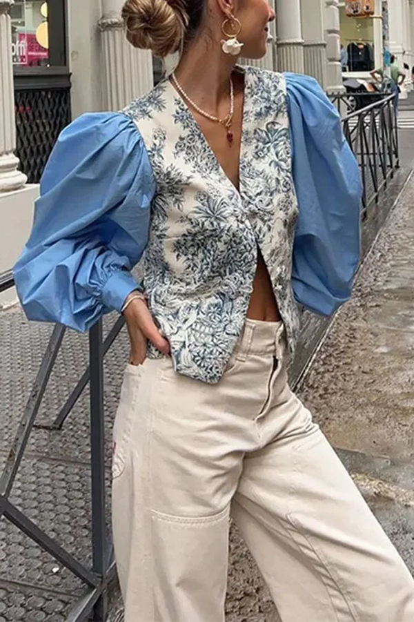 Botanical Print V-neck Patchwork Long-sleeved Top-consonak