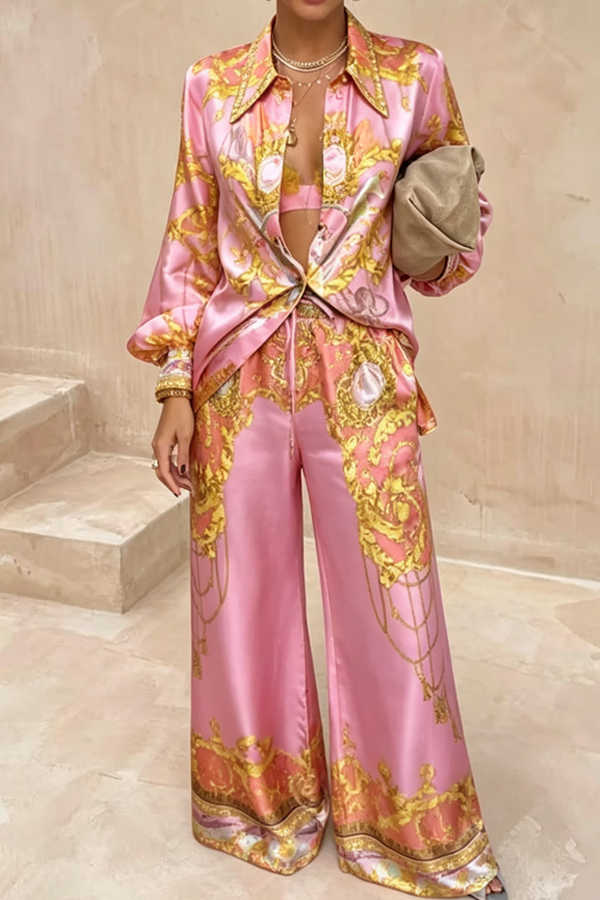 Mermaid Motel Unique Print Long Sleeve Loose Shirt and Elastic Waist Pants Set-Consonak