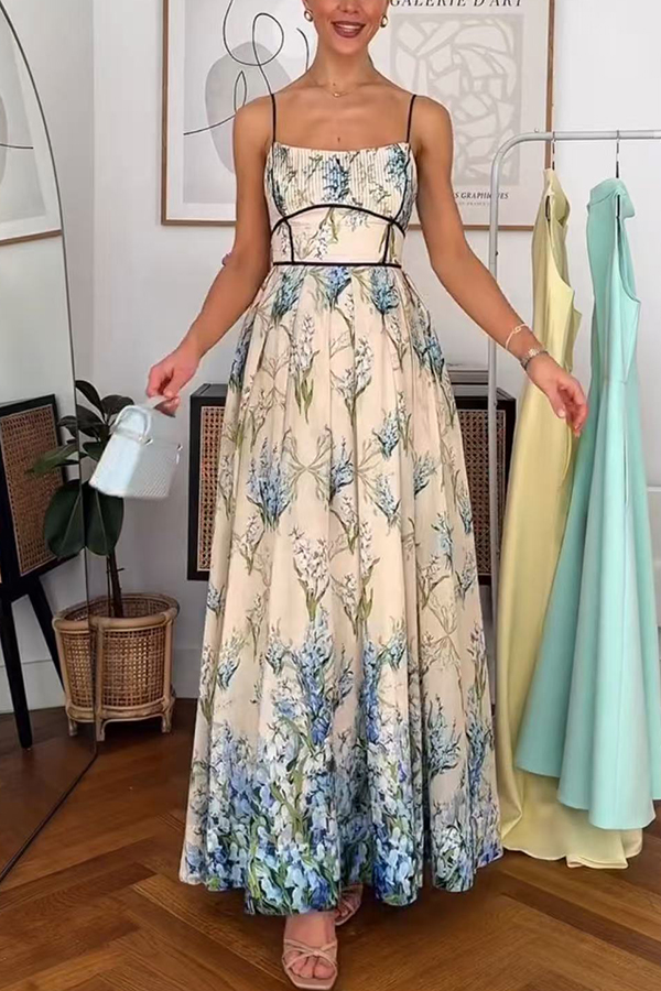 Shari Linen Blend Floral Print Colorblock Strappy Pocket Maxi Dress