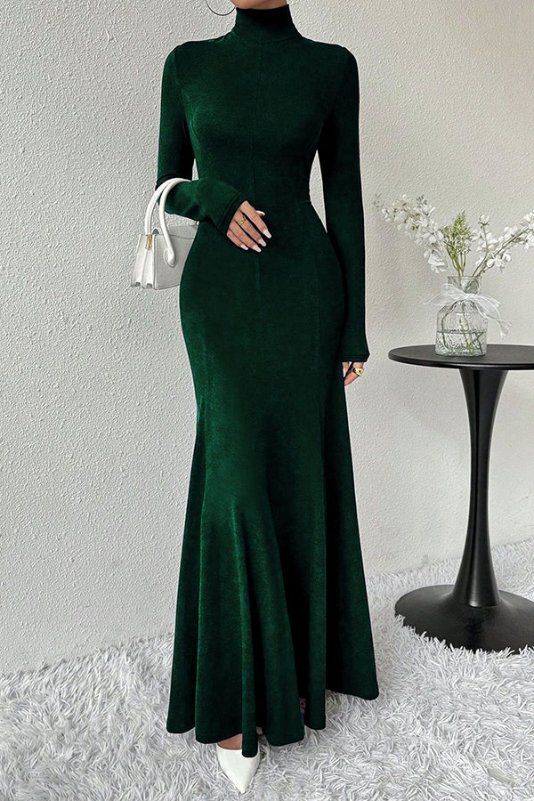Solid Color High-neck Long-sleeved Slim-fit Fishtail Elegant Maxi Dress-consonak