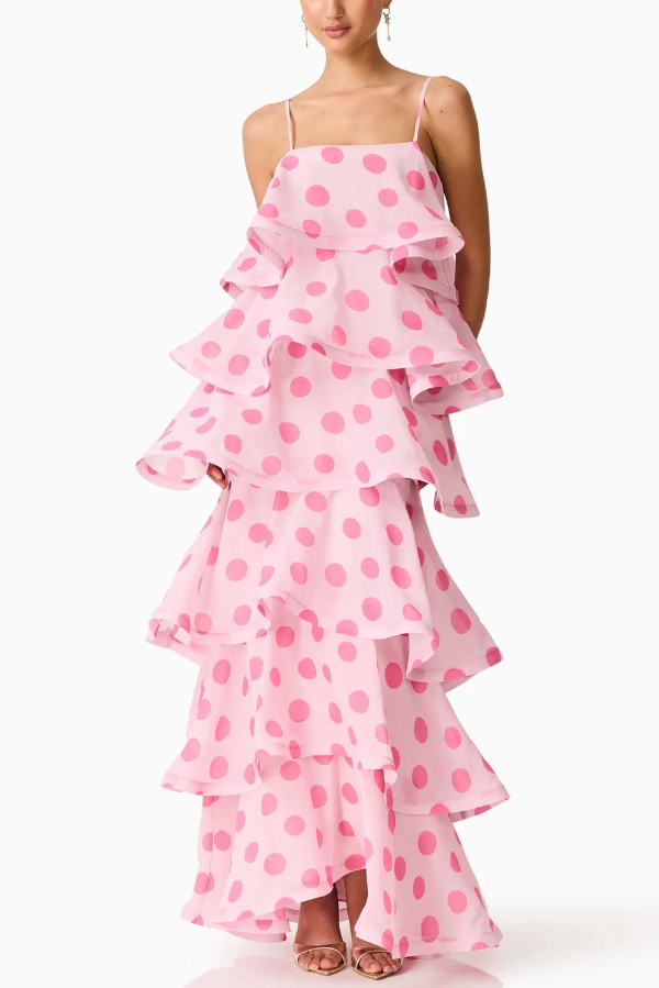 Polka Dot Print Layered Square Neck Suspender Casual A-line Maxi Dress