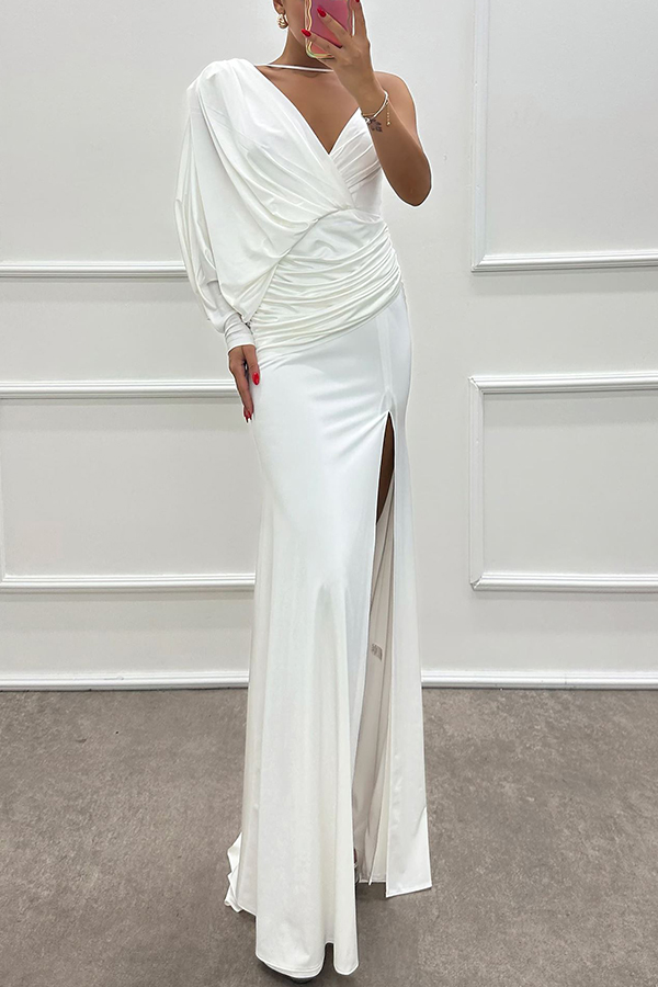 Like Venus One Shoulder Bat Sleeve Ruched Detail Slit Gown Maxi Dress-consonak