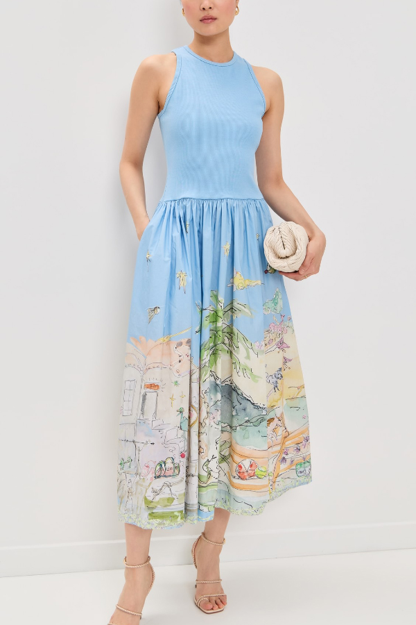 Ink Wash Print Round Neck Sleeveless Resort-style Midi Dress-consonak