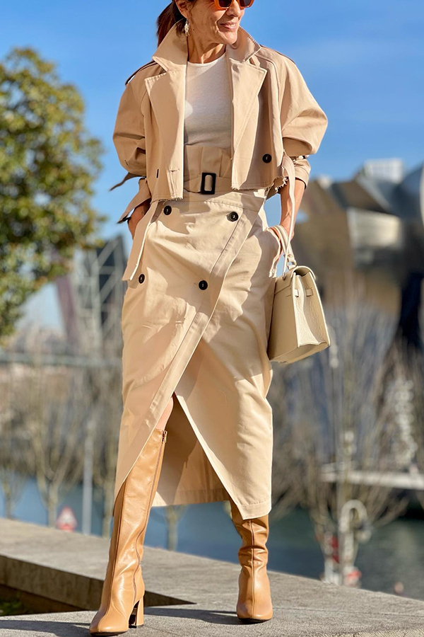 Work Style Lapel Long Sleeve Jacket and Button Belt Pocketed Slit Midi Skirt Set | Consonak
