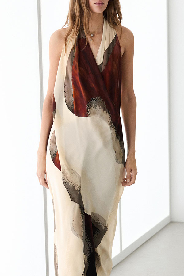 Flowing Rhythm Artistic Printed Ruffle Detail Halter Neck Midi Dress-consonak