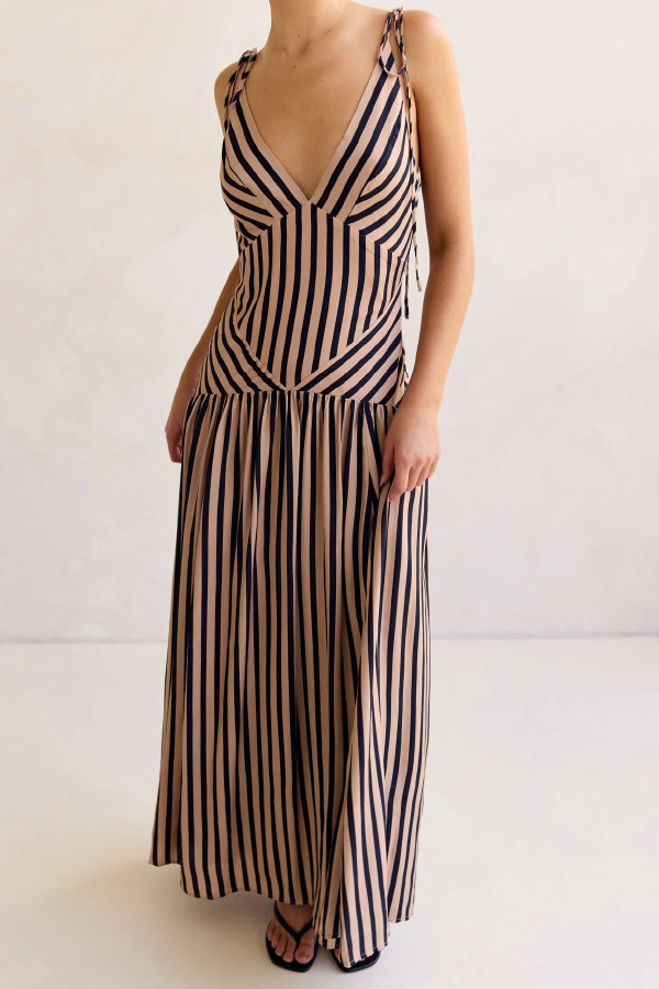 Striped Print Tie Backless Sleeveless V-Neck Elegant Maxi Dress