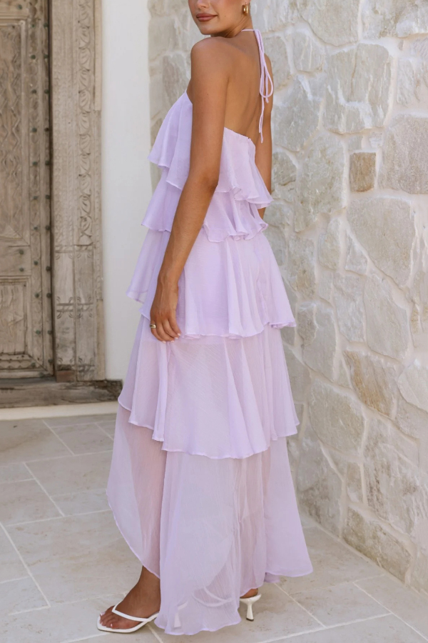 Solid Color Chiffon Halter Neck Elegant Ruffle Maxi Dress-consonak