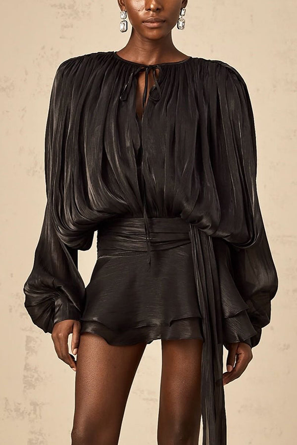 Solid Color Long-sleeved Belted Asymmetrical Mini Dress and Elastic Waist Casual Shorts Set-consonak