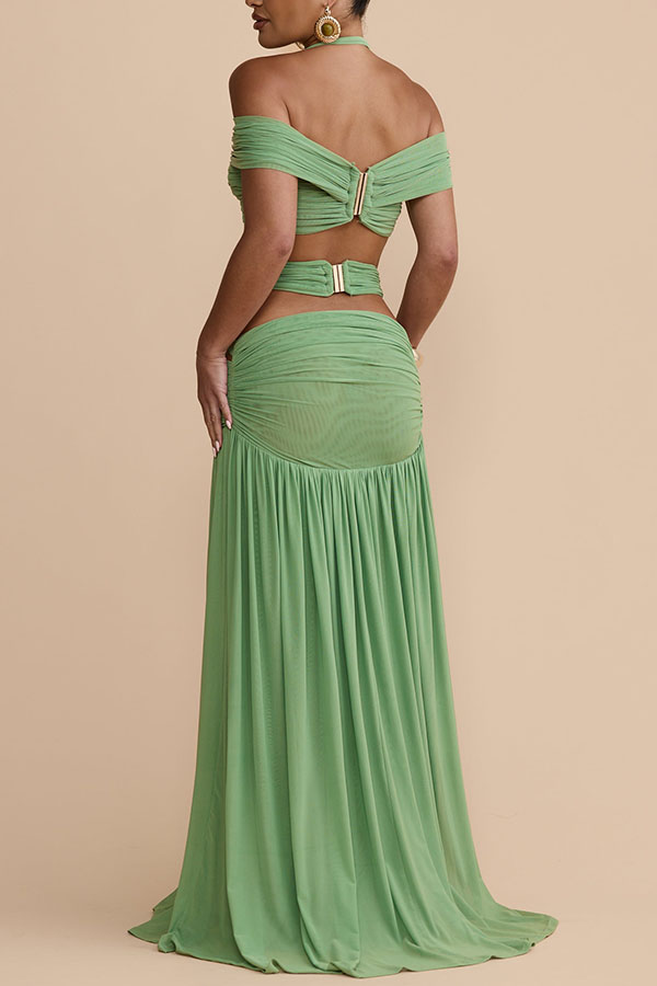 Green Off Shoulder Halter Ruched Two Piece Maxi Skirt Set Sexy Cut Out Resort Dress | Consonak