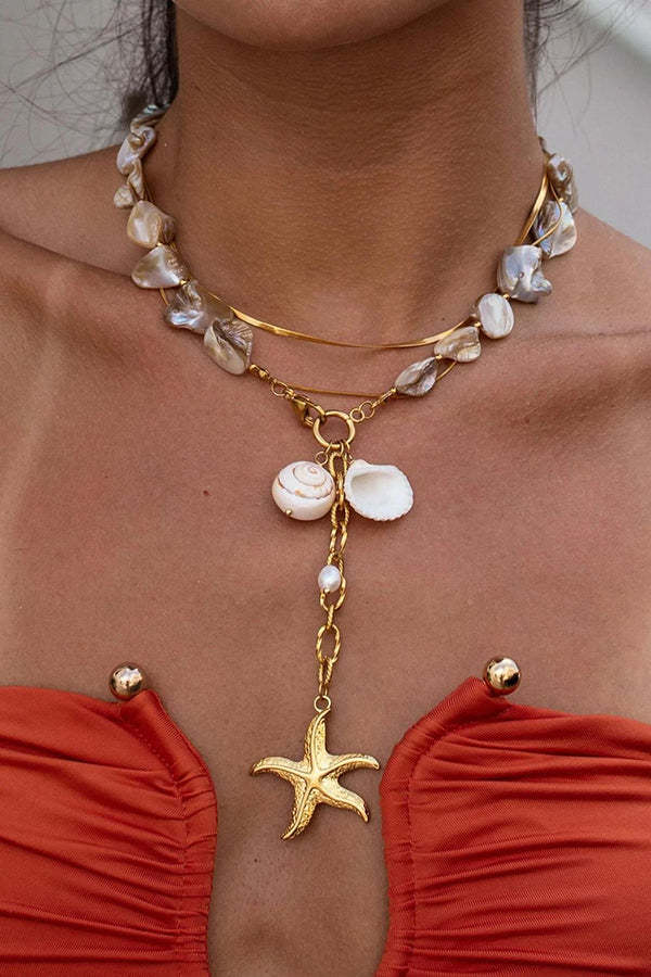 Stylish Pearl Beaded Starfish Pendant Necklace-consonak