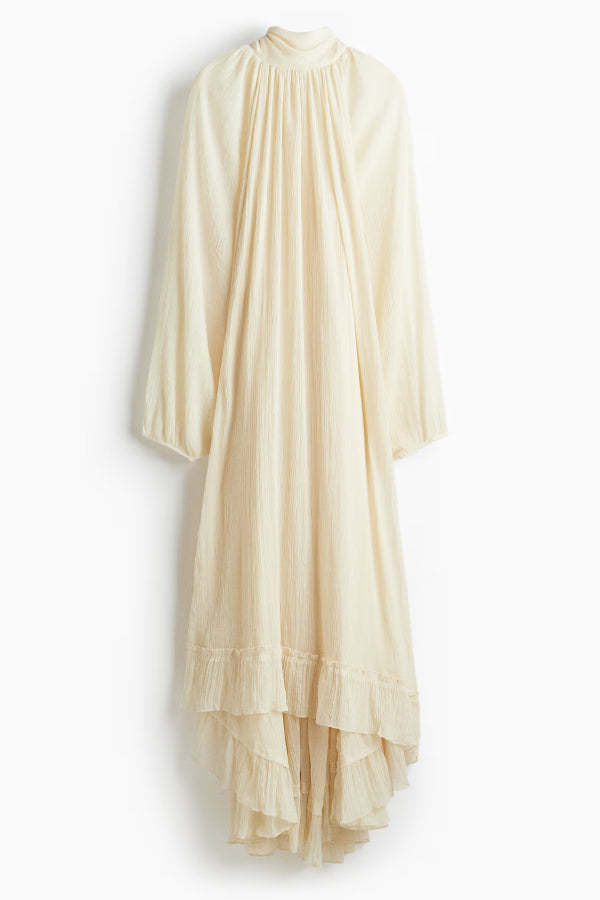 Solid Color High-neck Long-sleeved Loose Ruffle Maxi Dress-consonak