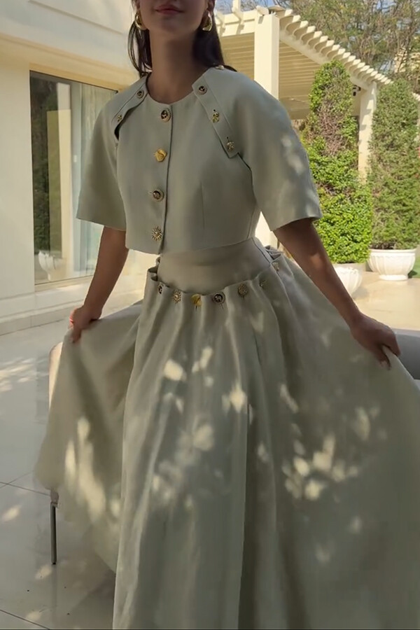 Custom Look Linen Blend Unique Metal Pattern Buttons Lace-up Waist Crisp Hem Maxi Skirt