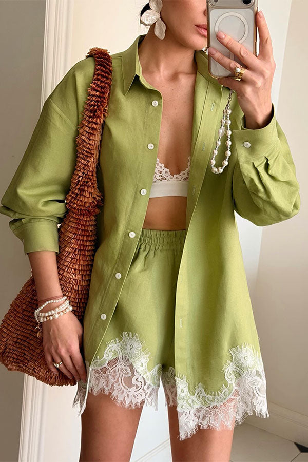 Linen Blend Shirt and Lace-trimmed Shorts Set-Consonak