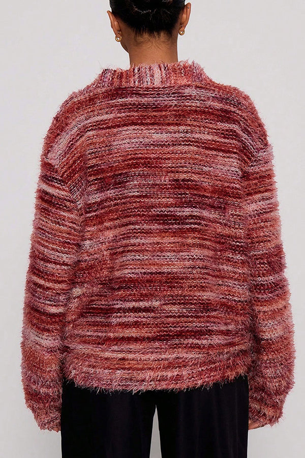Fashionable Mixed Color Loose V-neck Casual Knit Cardigan-consonak