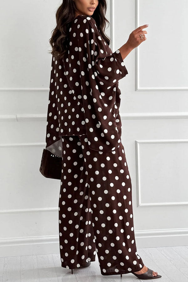 Verne Linen Blend Polka Dot Batwing Sleeve Top and Elastic Waist Pocket Loose Pants Set | Consonak