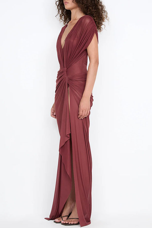 Leia Tulle Pleats and Knotted Detail Drape Slit Maxi Dress-consonak