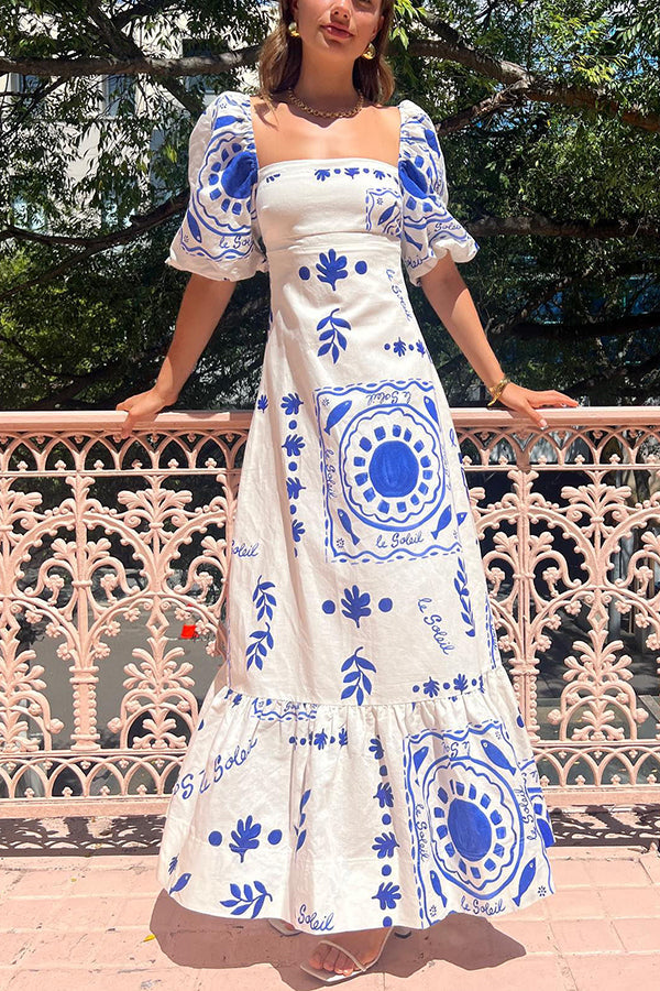 Sherbert Linen Blend Unique Print Square Neck Bubble Sleeve Maxi Dress | Consonak