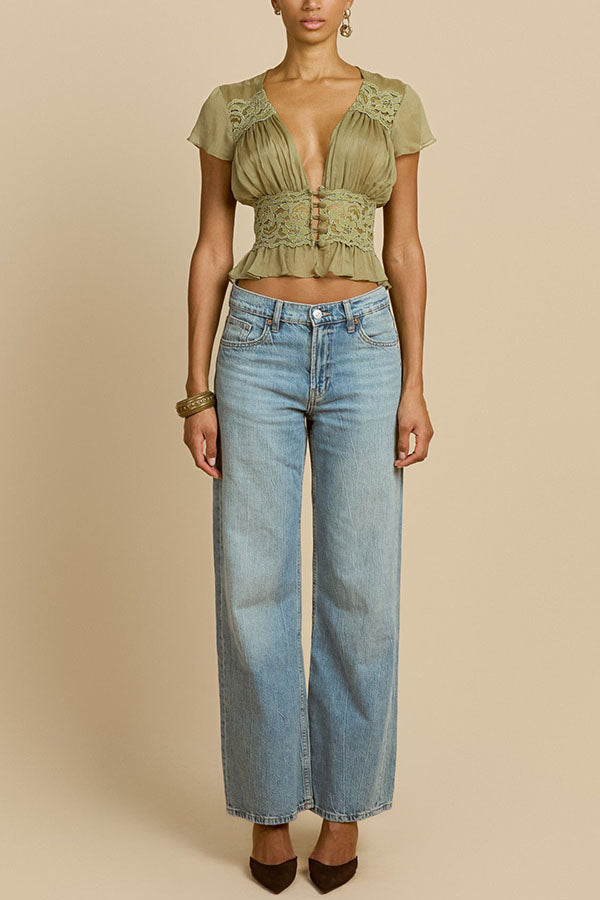 Sabrina Chiffon Lace Trim Button Up Short Sleeve Ruffle Plung Blouse-consonak