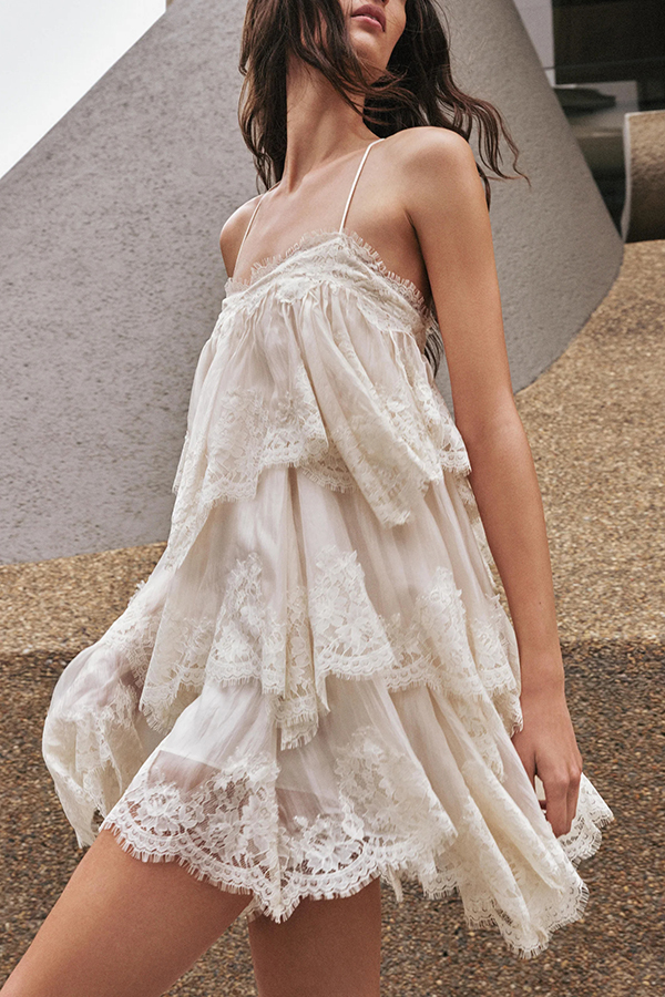 Ophelia Layered Lace Trim Tiers Adjustable Straps Backless A-line Mini Dress | Consonak