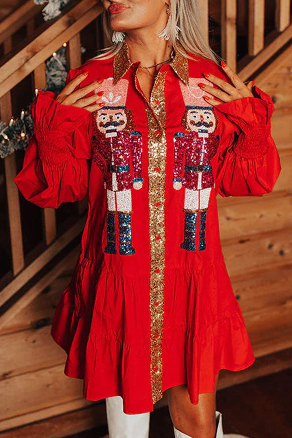 Nutcracker Sequined Button Down Long Sleeve Mini Dress-consonak