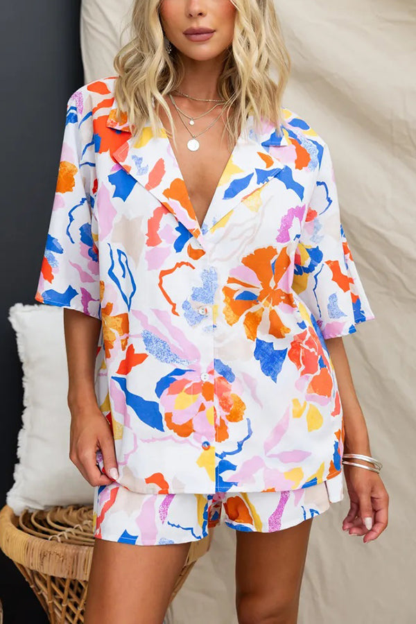 Viva La Travel Unique Print Loose Button Shirt and Elastic Waist Shorts Set-consonak