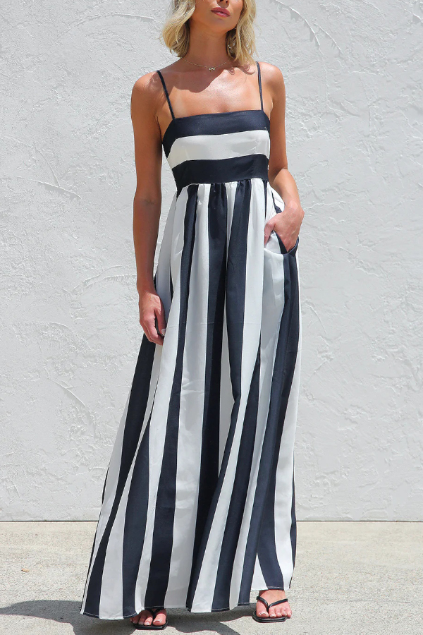 Color-blocked Striped Print Square Neck Suspender Casual Pocket Maxi Dress | Consonak