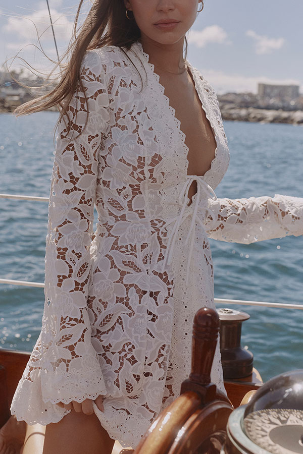 Bianca Lace Floral Pattern Lace Trim Tie-up V-neck Long Sleeve Mini Dress | Consonak