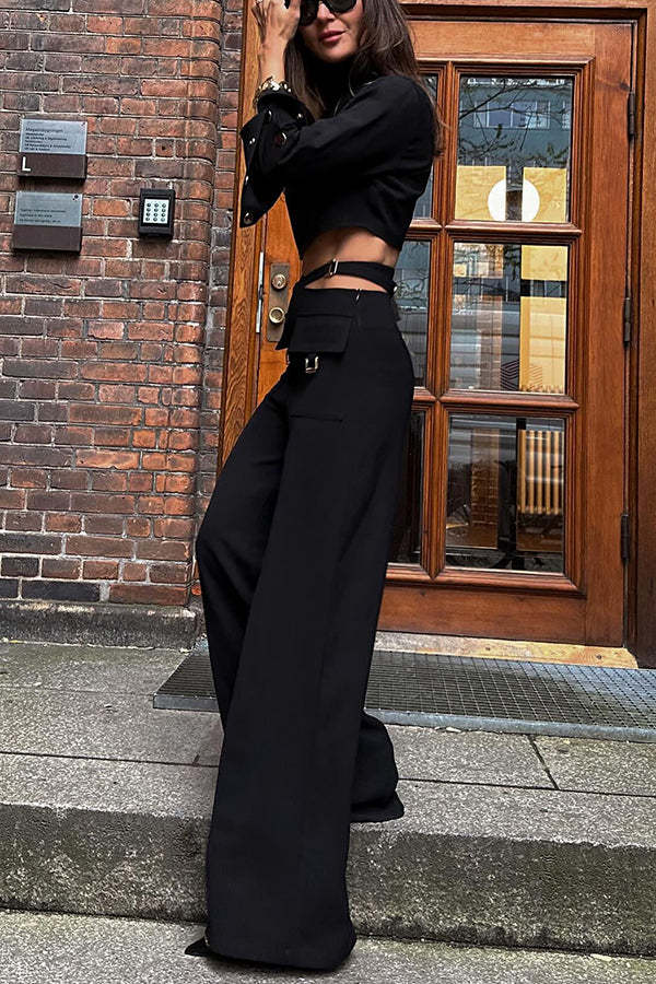 Leia High Neck Button Bell Sleeve Top and Cutout Waist Metal Pocketed Flare Pants Set-consonak