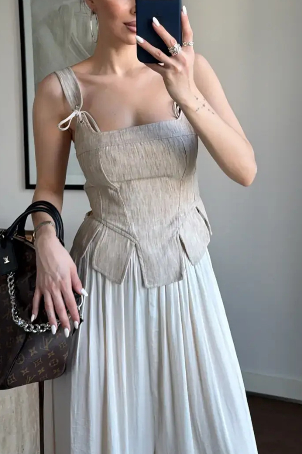 lily Linen Blend square neck Tie Shoulder Straps slit hem tank